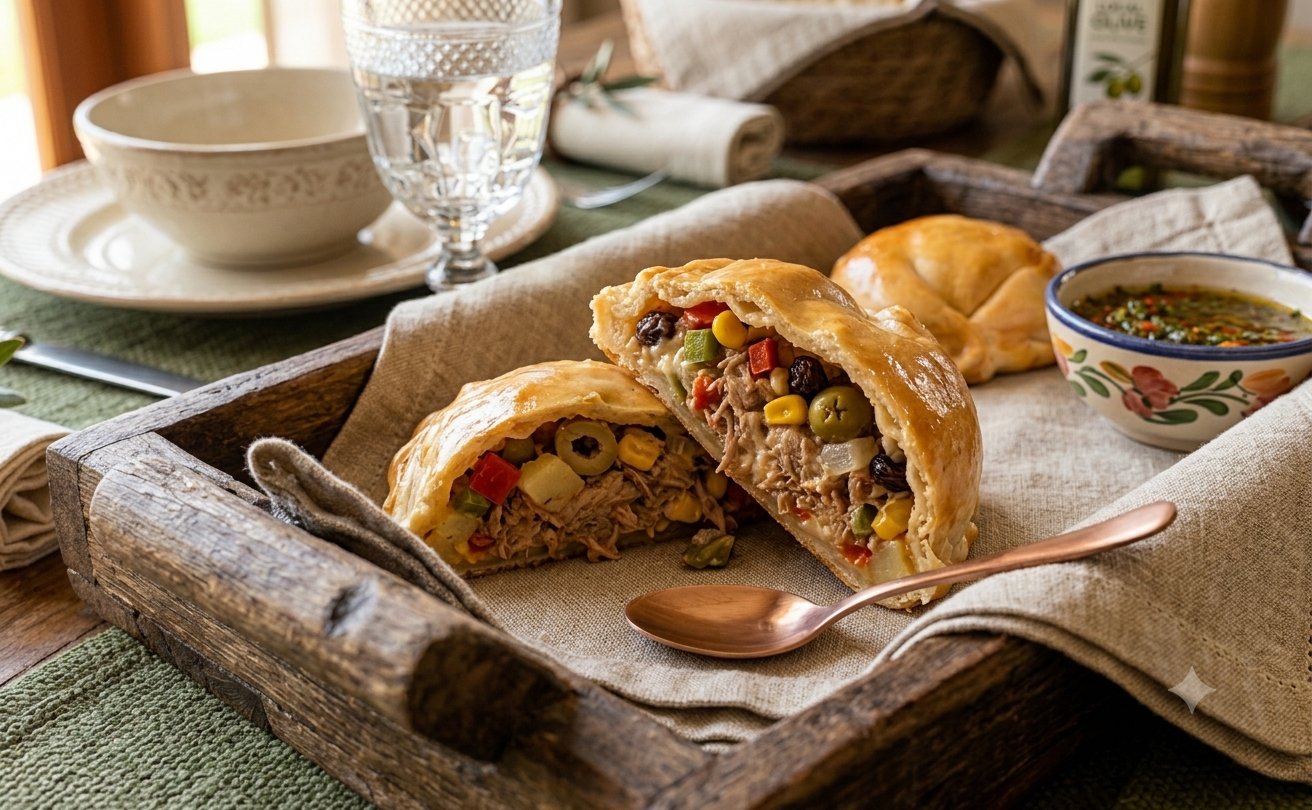 Empanada Carne Seca aberta mostrando recheio Grano Sorelle