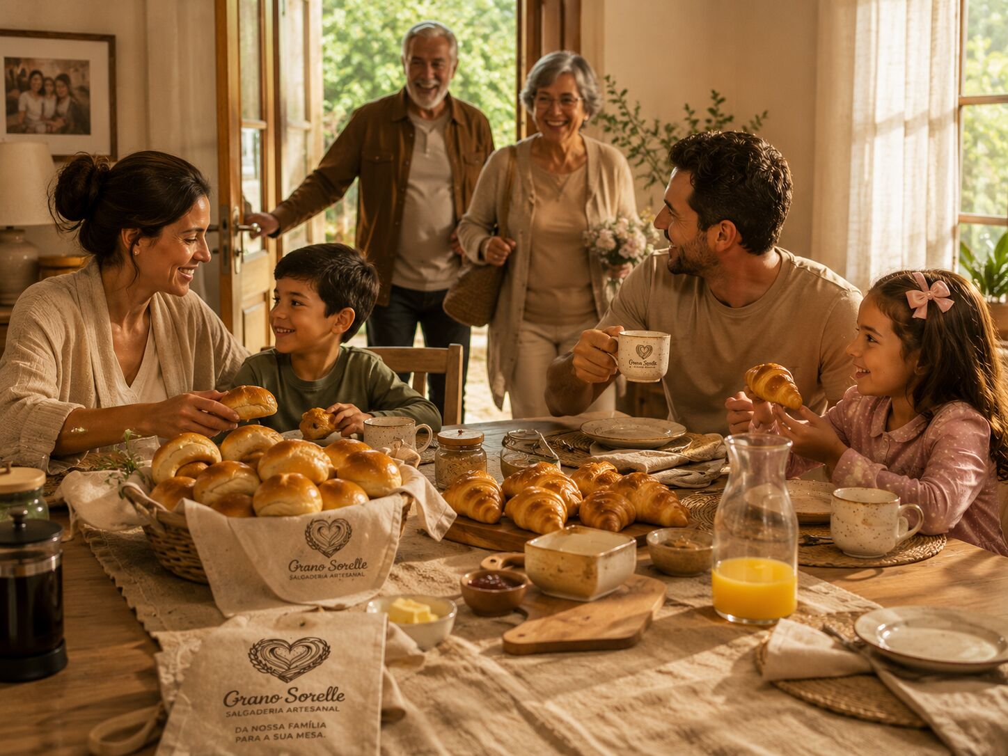 Família reunida com salgados Grano Sorelle