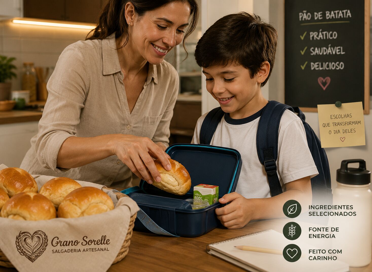 Lanche escolar com salgados Grano Sorelle