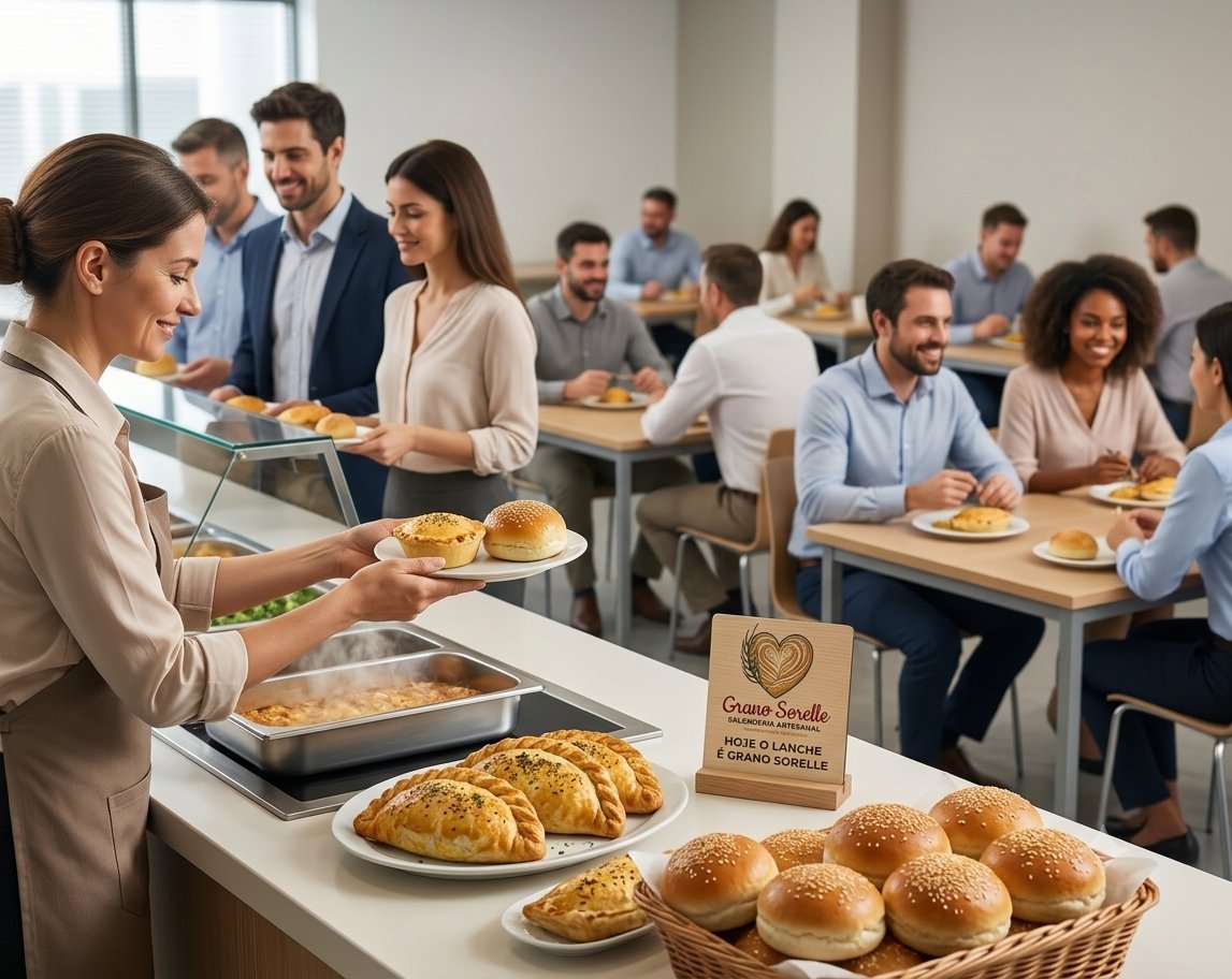 Refeitório de empresa servindo salgados Grano Sorelle